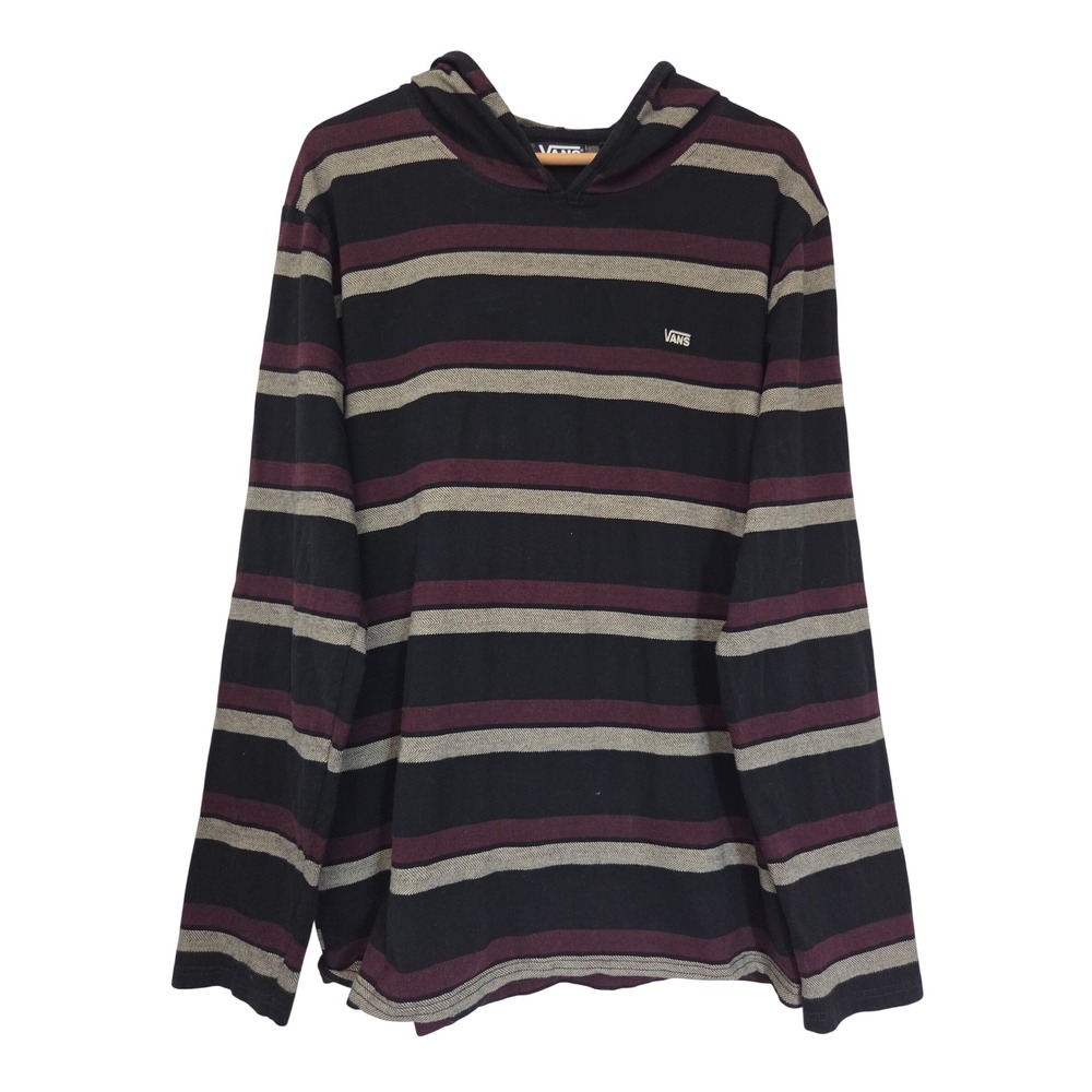 Vans Hooded T-Shirt Striped Long Sleeve Mens XL Black Burgundy